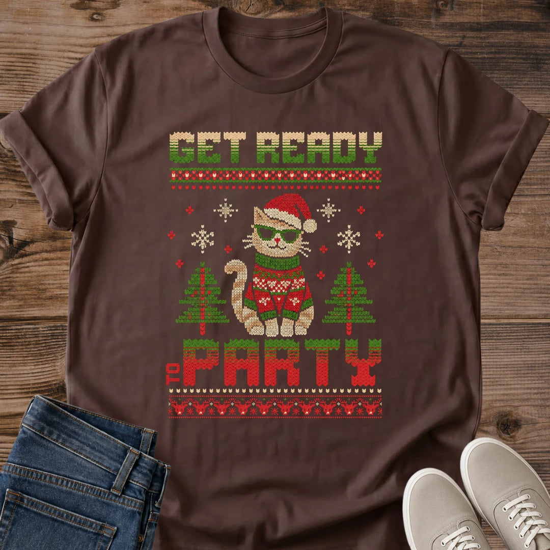 Funny Christmas Cat Shirt Get Ready To Party Cool Cat Sunglasses Santa Hat Tee Ugly Sweater Style Graphic Red And Green Knit Design Holiday Party Outfit Cat Owner Christmas Gift Xmas Cat Tee Unisex Ringspun Cotton Shirt Cat Whisker Co