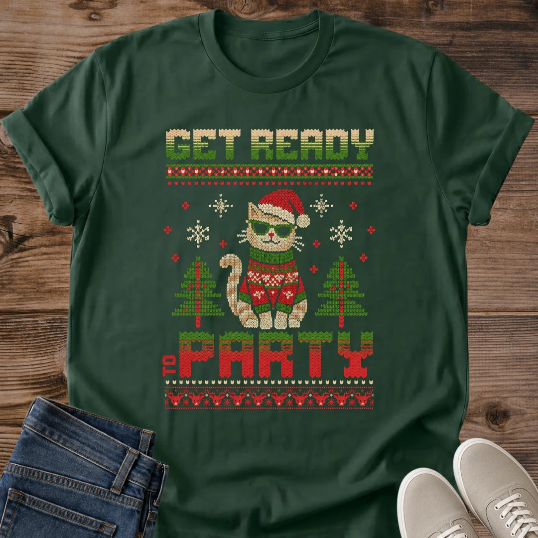 Christmas Gift For Cat Lover Get Ready To Party Ugly Sweater Tee Funny Holiday Cat Shirt Retro Knit Pattern Cat Graphic White Elephant Gift Cat Dad Christmas Shirt Cat Person Holiday Tee Festive Party Shirt Gildan Softstyle Cotton Tee Cat Whisker Co