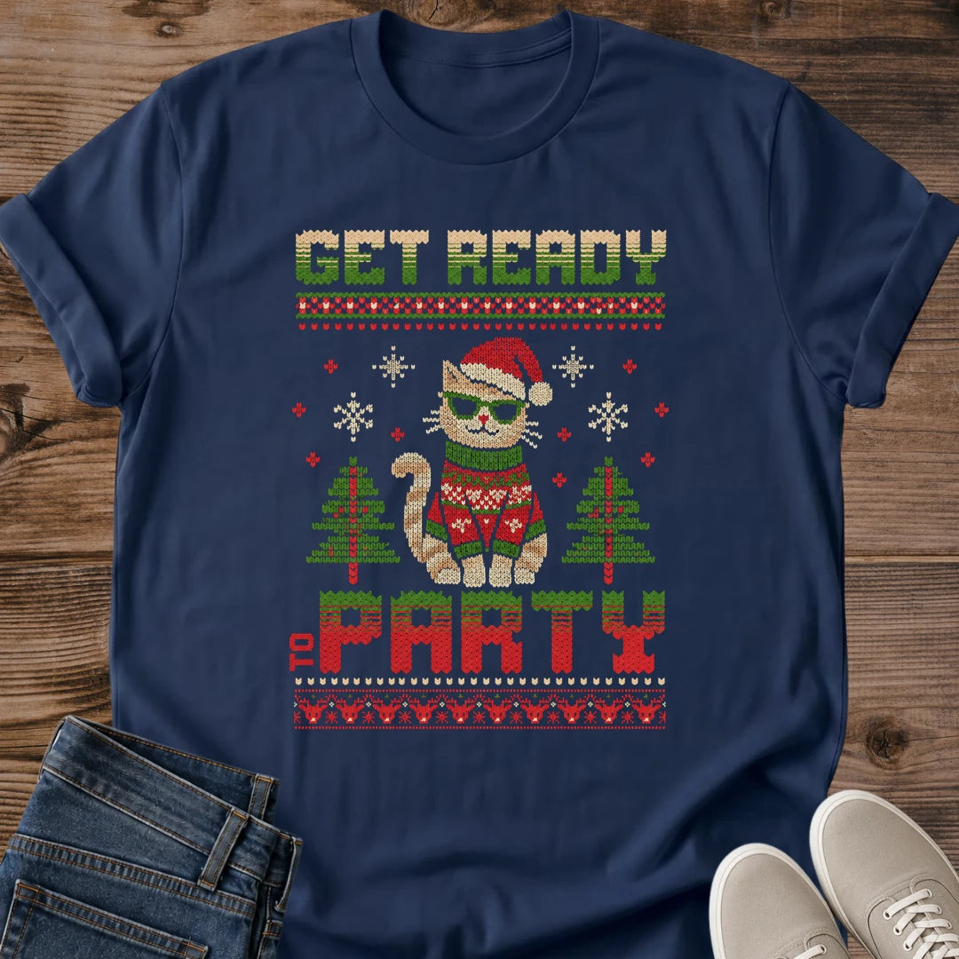 Ugly Sweater Cat Shirt Get Ready To Party Christmas Tee Cat Wearing Sunglasses And Santa Hat Faux Knit Christmas Tree Design Office Holiday Party Shirt Secret Santa Gift For Cat Lover Cat Mom Christmas Tee Soft Cotton Unisex Shirt Cat Whisker Co