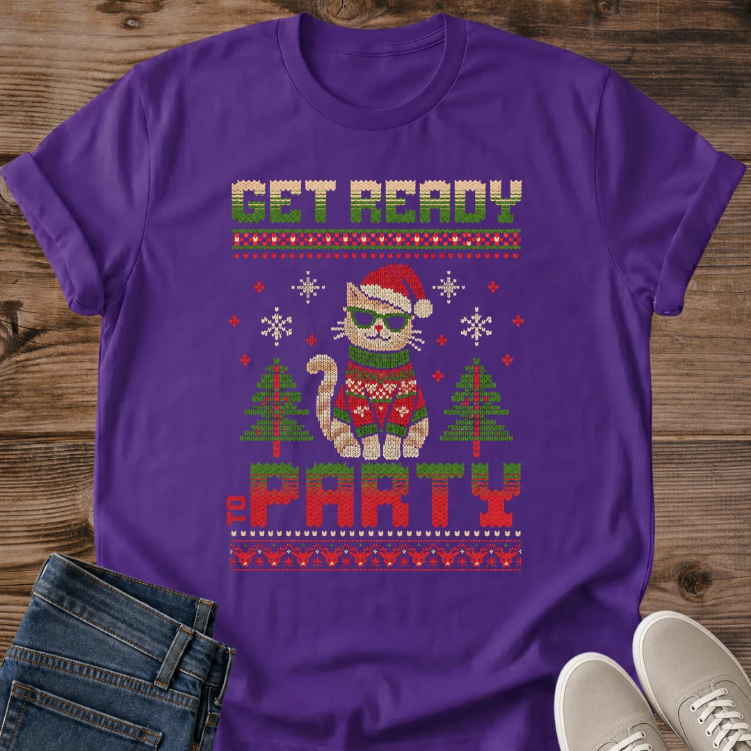 Cat Christmas Party Shirt Get Ready To Party Ugly Sweater Cat Tee Festive Cat In Christmas Sweater Graphic Holiday Cat Shirt For Women And Men Cat Mom Christmas Gift Stocking Stuffer For Cat Lovers Soft Cotton Unisex Tee Cat Whisker Co