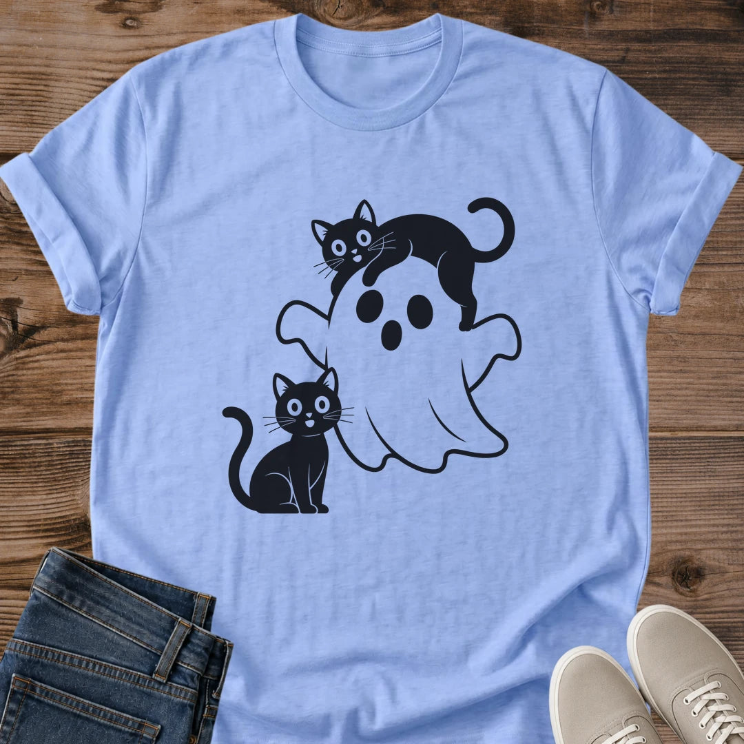 Halloween Graphic Tee Shirt Cute Ghost Print Design Black Cat Graphics Monochrome Pattern Casual Cotton Fabric Softstyle Material Lightweight Comfortable Fit Everyday Wear Essential Relaxed Weekend Style Coffee Run Fashion Playful Cartoon