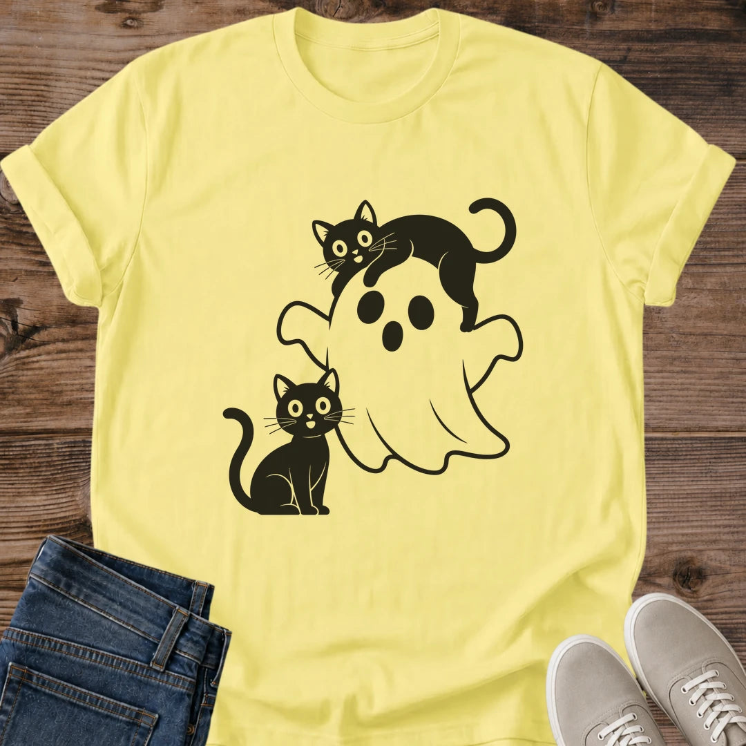 Graphic Tee Collection Cartoon Ghost Print Design Whimsical Black Cat Graphics Monochrome Pattern Style Softstyle Cotton Shirt Lightweight Fabric Design Casual Everyday Fashion Comfortable Relaxed Fit Halloween Theme Clothing Playful Print