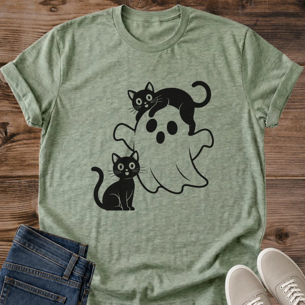 Softstyle Cotton Tee Shirt Comfortable Lightweight Fabric Design Cartoon Ghost Print Graphics Black Cat Pattern Collection Casual Everyday Wear Essential Relaxed Fit Fashion Halloween Theme Clothing Playful Monochrome Design Cozy Weekend