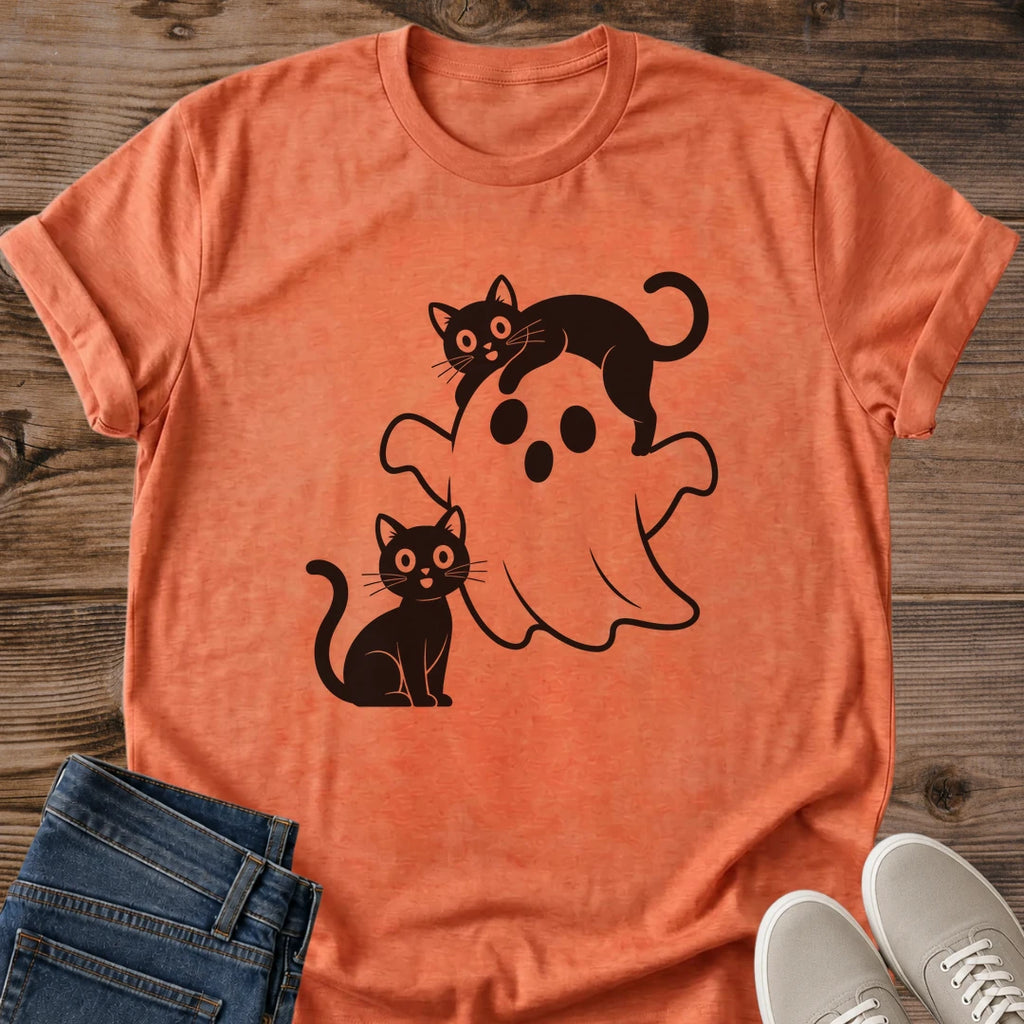 Casual Cotton Tee Shirt Comfortable Everyday Wear Cartoon Ghost Design Black Cat Print Graphics Lightweight Softstyle Fabric Relaxed Fit Fashion Weekend Clothing Essential Coffee Shop Style Playful Halloween Theme Monochrome Pattern Design