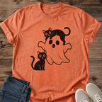 Casual Cotton Tee Shirt Comfortable Everyday Wear Cartoon Ghost Design Black Cat Print Graphics Lightweight Softstyle Fabric Relaxed Fit Fashion Weekend Clothing Essential Coffee Shop Style Playful Halloween Theme Monochrome Pattern Design