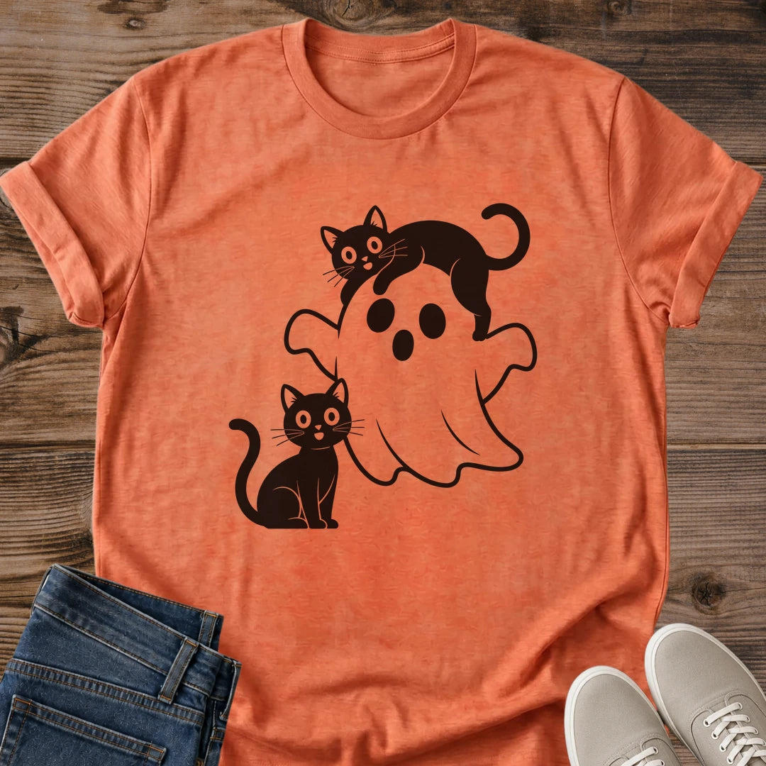 Casual Cotton Tee Shirt Comfortable Everyday Wear Cartoon Ghost Design Black Cat Print Graphics Lightweight Softstyle Fabric Relaxed Fit Fashion Weekend Clothing Essential Coffee Shop Style Playful Halloween Theme Monochrome Pattern Design