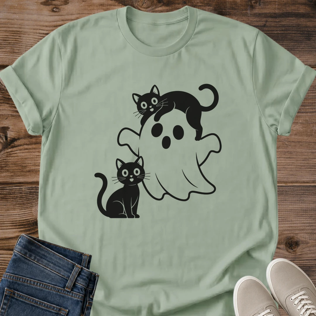 Halloween Gift Idea Cute Ghost Shirt Design Casual Graphic Tee Collection Black Cat Print Pattern Comfortable Cotton Fabric Softstyle Material Lightweight Everyday Wear Essential Relaxed Weekend Fashion Playful Cartoon Graphics Cozy