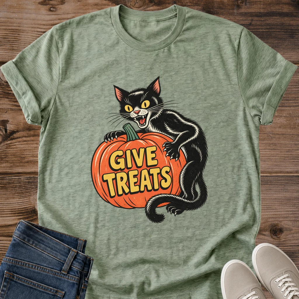 Heather Military Green Halloween T-shirt flat lay featuring a vintage-style black cat hugging an orange pumpkin with yellow Give Treats lettering.