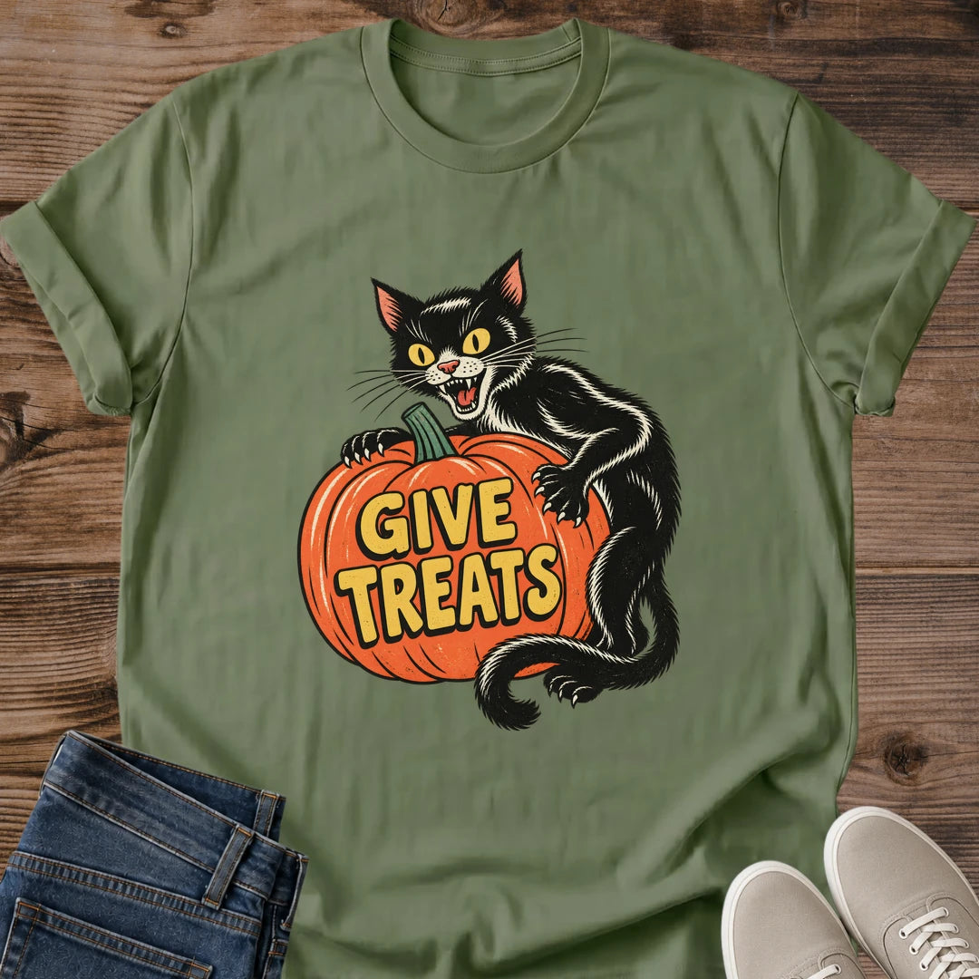 Military Green Halloween T-shirt flat lay featuring a vintage-style black cat hugging an orange pumpkin with yellow Give Treats lettering.