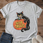 Sport Grey Halloween T-shirt flat lay featuring a vintage-style black cat hugging an orange pumpkin with yellow Give Treats lettering.
