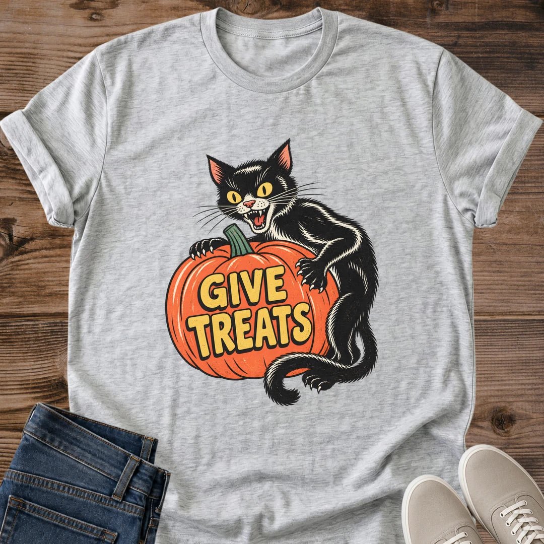 Sport Grey Halloween T-shirt flat lay featuring a vintage-style black cat hugging an orange pumpkin with yellow Give Treats lettering.