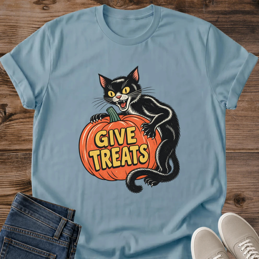 Stone Blue Halloween T-shirt flat lay featuring a vintage-style black cat hugging an orange pumpkin with yellow Give Treats lettering.