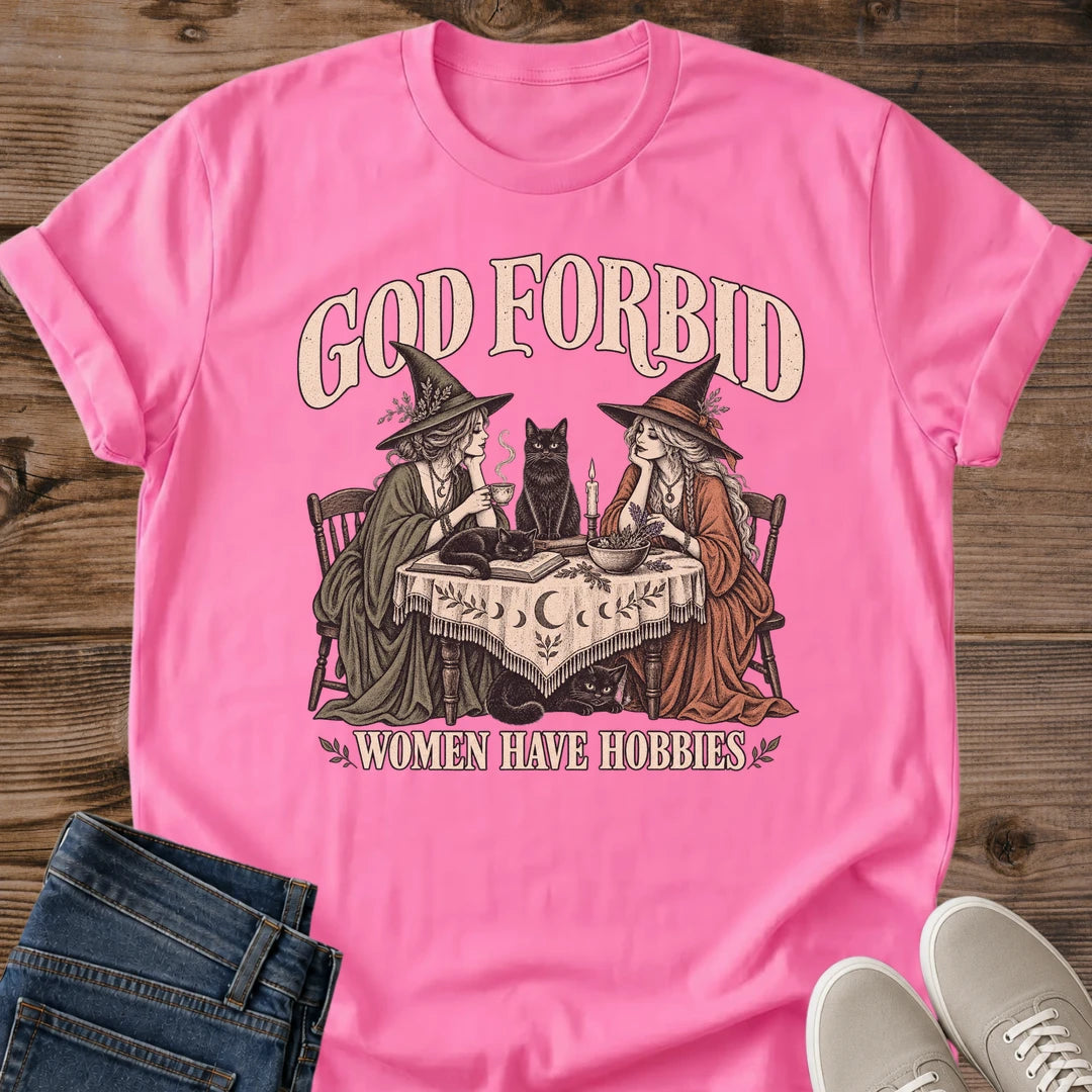 Funny Witch Cat Shirt God Forbid Women Have Hobbies Card Game Graphic Tee Gift Idea Ring Spun Cotton Soft Breathable Fabric Relaxed Unisex Fit Vintage Print Design Cat Person Apparel Casual Everyday Wear Statement Piece