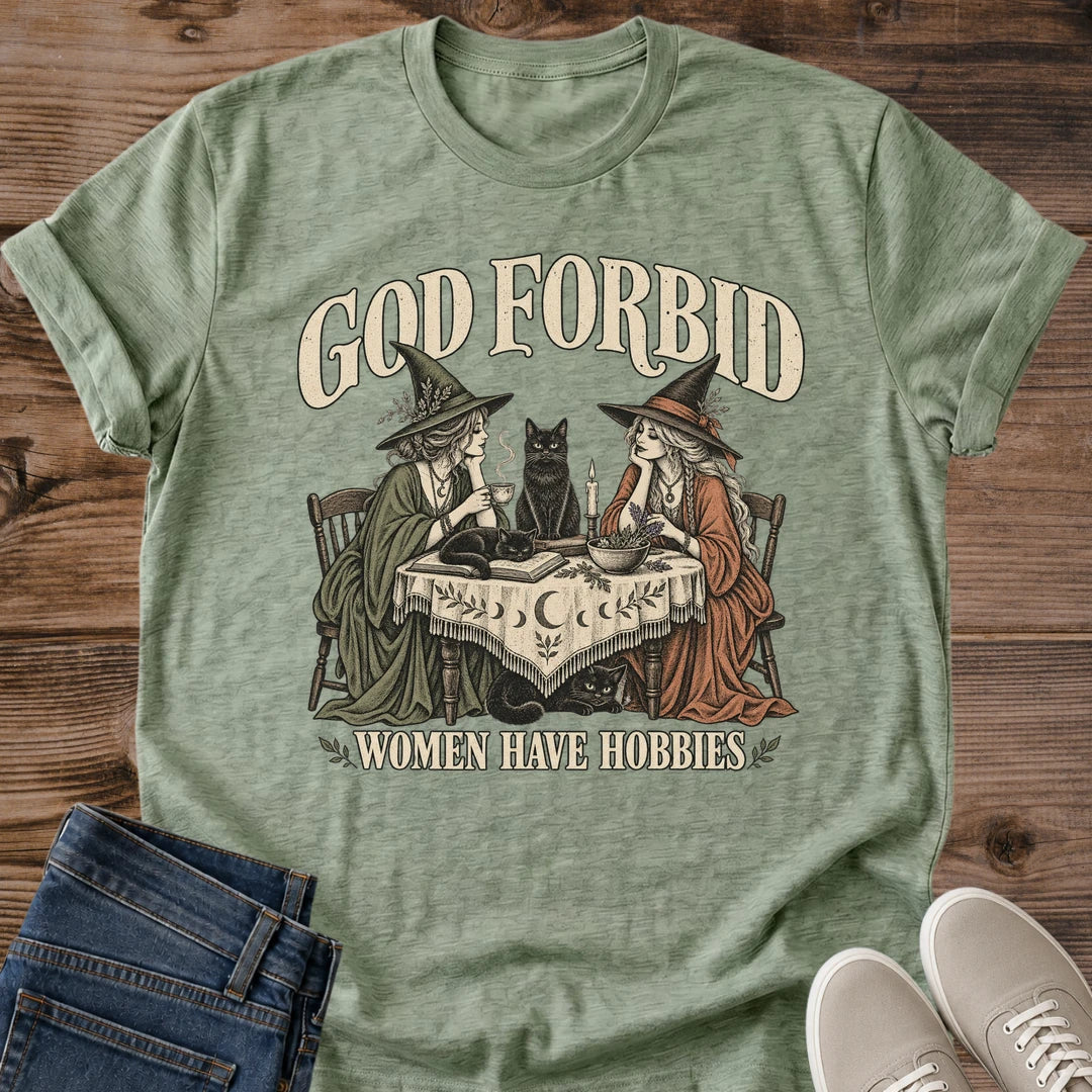 Vintage Cat Lover Tee God Forbid Women Have Hobbies Witchy Card Game Design Cotton Cat Mom Gift Shirt Funny Aesthetic Softstyle Ring Spun Fabric Relaxed Retail Fit Casual Weekend Layering Statement Piece Everyday Wear