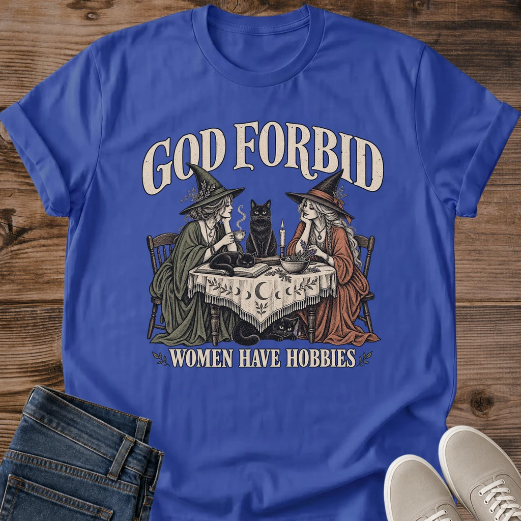 God Forbid Women Have Hobbies Shirt Witchy Cat Card Game Tee Funny Cat Lover Gift Idea Softstyle Ring Spun Cotton Relaxed Fit Everyday Casual Wear Vintage Print Cat Owner Apparel Statement Piece Lightweight Layering For Fall