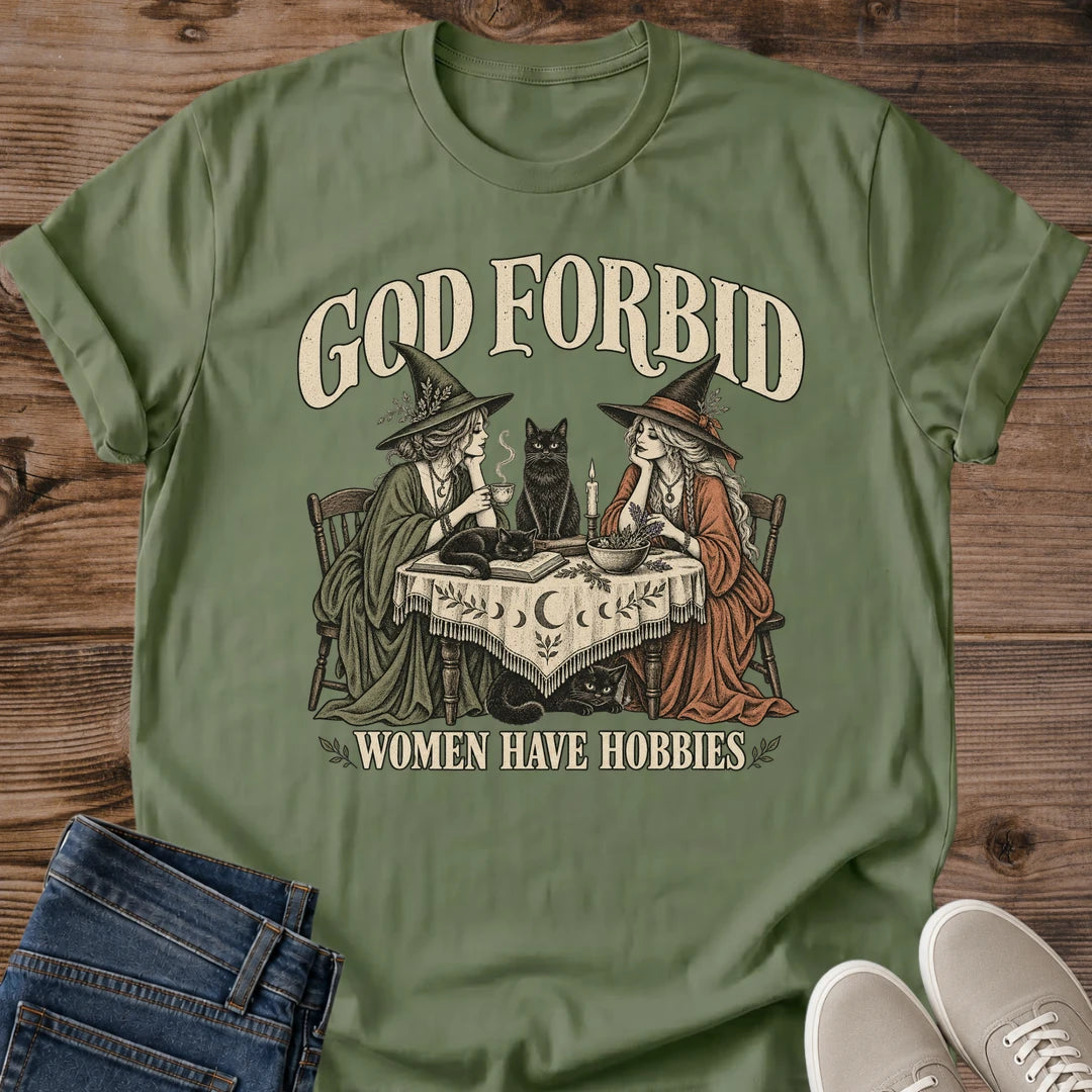 Witchy Friends Cat Tee God Forbid Women Have Hobbies Card Game Design Cat Lover Gift For Her Softstyle Cotton Comfortable Relaxed Fit Casual Weekend Wear Vintage Print Cat Mom Statement Apparel Everyday Layering Piece