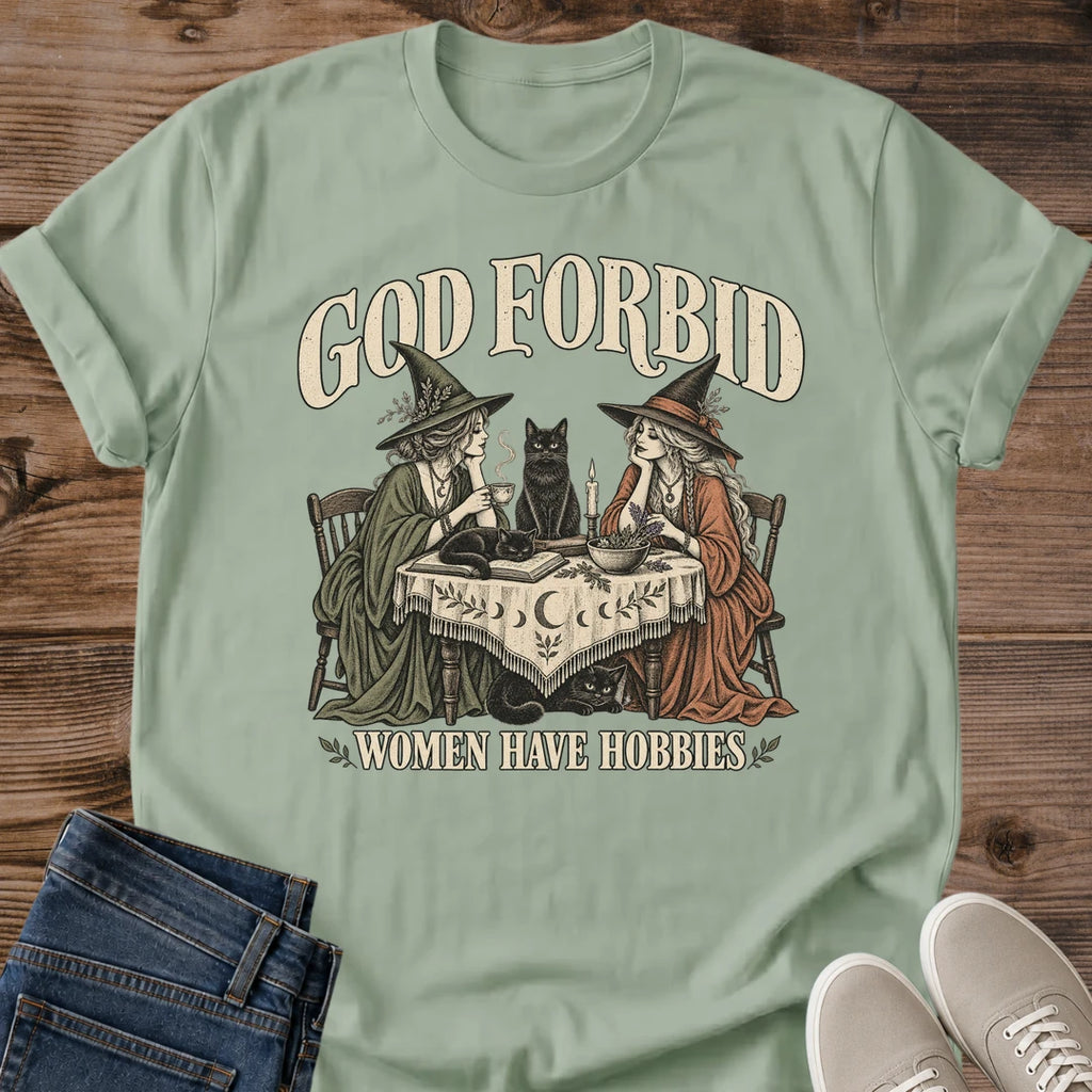 Funny Witch Cat Shirt God Forbid Women Have Hobbies Card Game Graphic Tee Gift Idea Ring Spun Cotton Soft Breathable Fabric Relaxed Unisex Fit Vintage Print Design Cat Person Apparel Casual Everyday Wear Statement Piece
