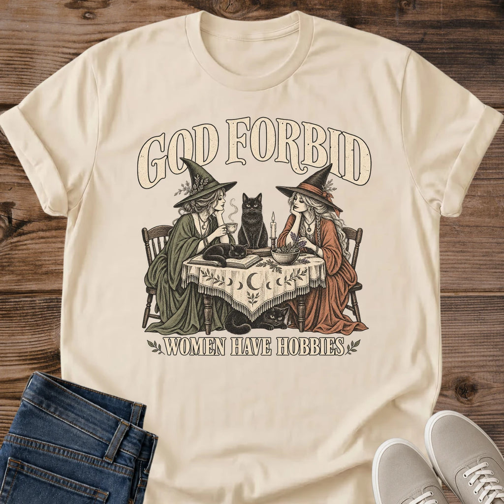 Funny Cat Graphic Tee God Forbid Women Have Hobbies Witchy Card Game Print Vintage Aesthetic Cat Owner Shirt Gift For Cat Lovers Softstyle Cotton Comfortable Relaxed Fit Statement Piece Everyday Casual Wear Apparel Gift Idea
