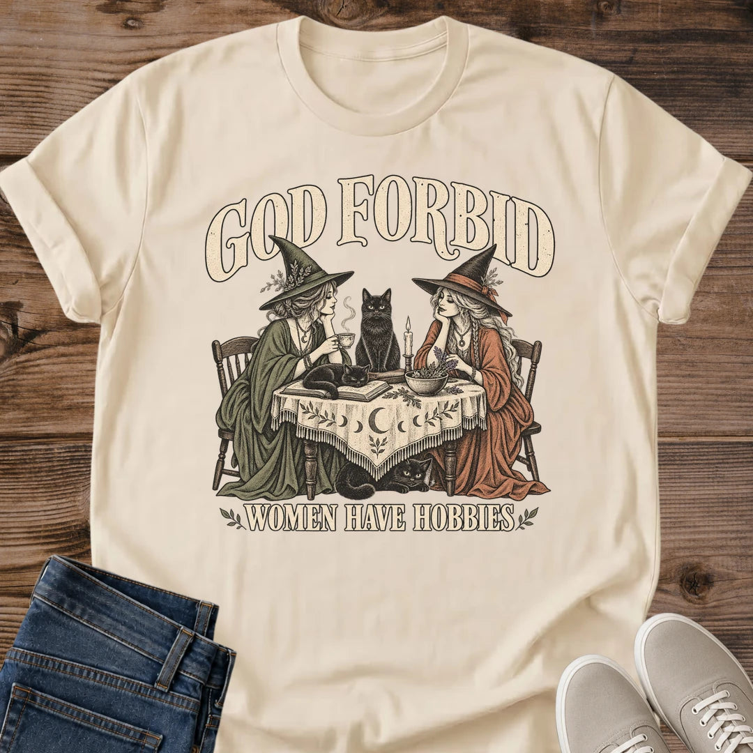 Funny Cat Graphic Tee God Forbid Women Have Hobbies Witchy Card Game Print Vintage Aesthetic Cat Owner Shirt Gift For Cat Lovers Softstyle Cotton Comfortable Relaxed Fit Statement Piece Everyday Casual Wear Apparel Gift Idea