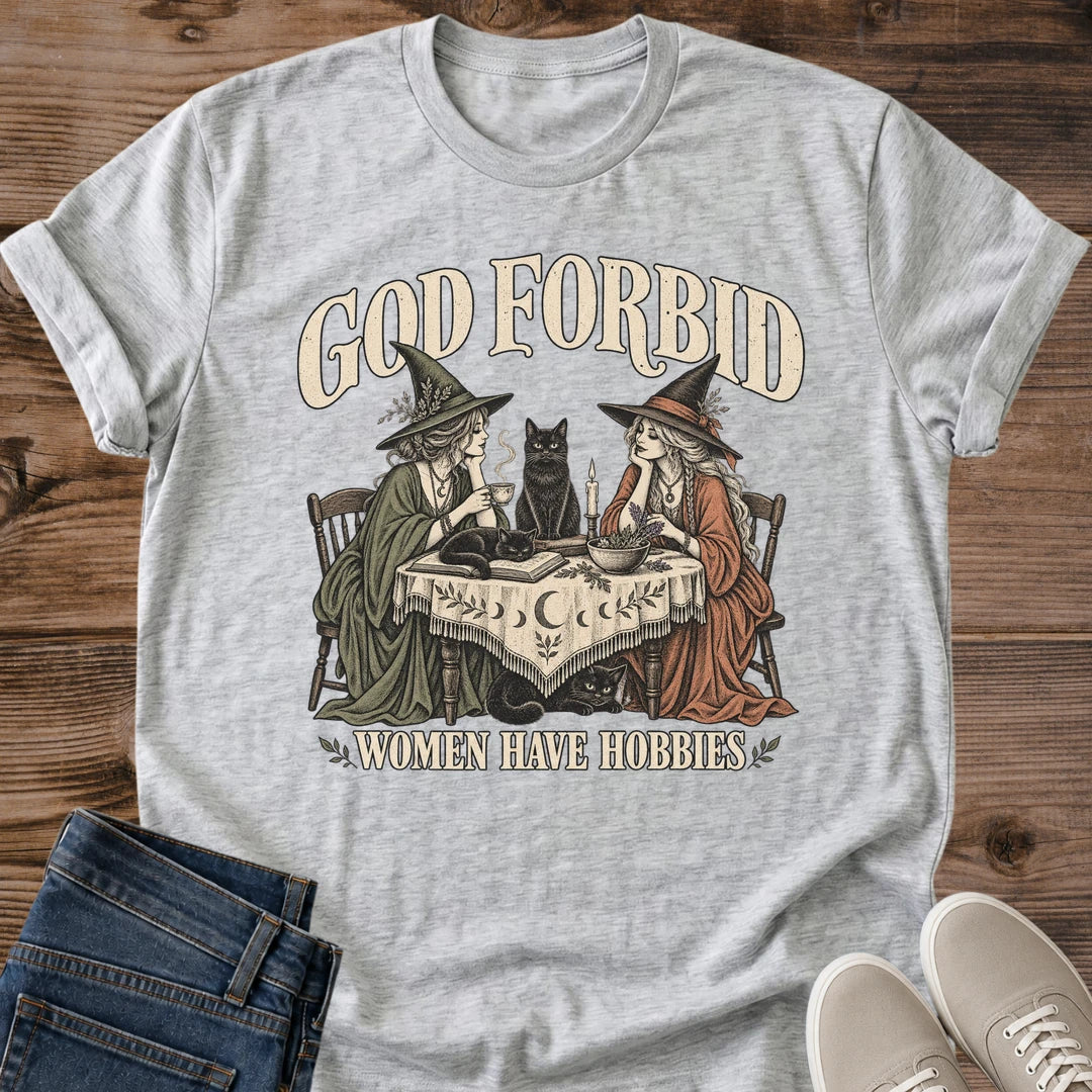 God Forbid Women Have Hobbies Shirt Witchy Cat Card Game Tee Funny Cat Lover Gift Idea Softstyle Ring Spun Cotton Relaxed Fit Everyday Casual Wear Vintage Print Cat Owner Apparel Statement Piece Lightweight Layering For Fall