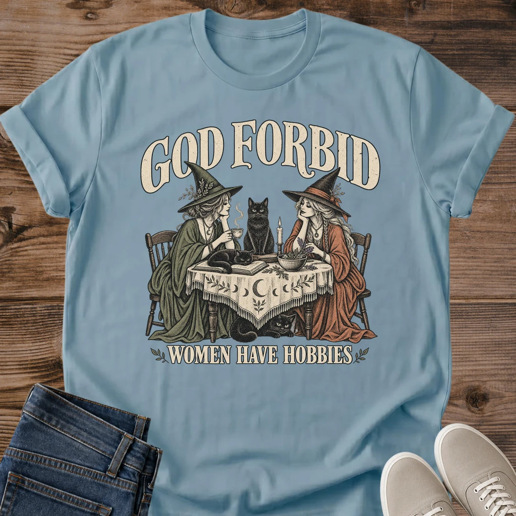 Witchy Friends Cat Tee God Forbid Women Have Hobbies Card Game Design Cat Lover Gift For Her Softstyle Cotton Comfortable Relaxed Fit Casual Weekend Wear Vintage Print Cat Mom Statement Apparel Everyday Layering Piece