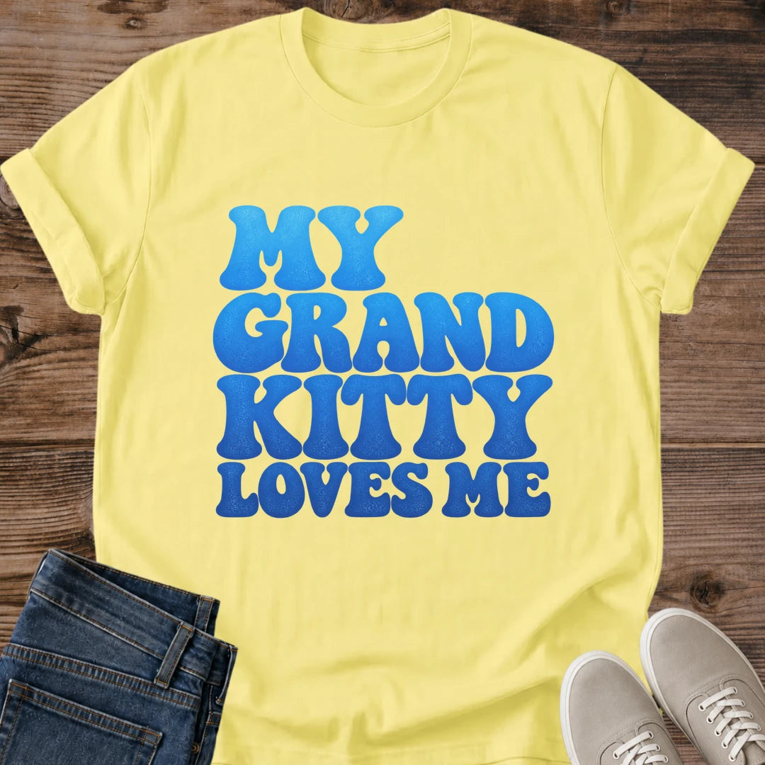 My Grand Kitty Loves Me Shirt Bold Bubble Text Cat Tee Grandkitty Gift Idea Softstyle Ring Spun Cotton Relaxed Fit Everyday Casual Wear Retro Print Cat Owner Apparel Statement Piece Lightweight Layering