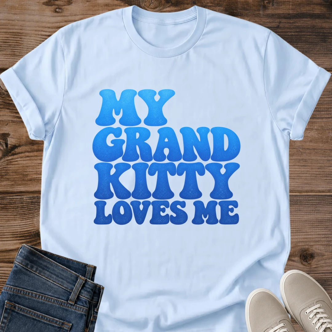Vintage Cat Lover Tee My Grand Kitty Loves Me Bubble Text Design Cotton Cat Grandpa Gift Shirt Retro Aesthetic Softstyle Ring Spun Fabric Relaxed Retail Fit Casual Weekend Layering Statement Piece Everyday Wear