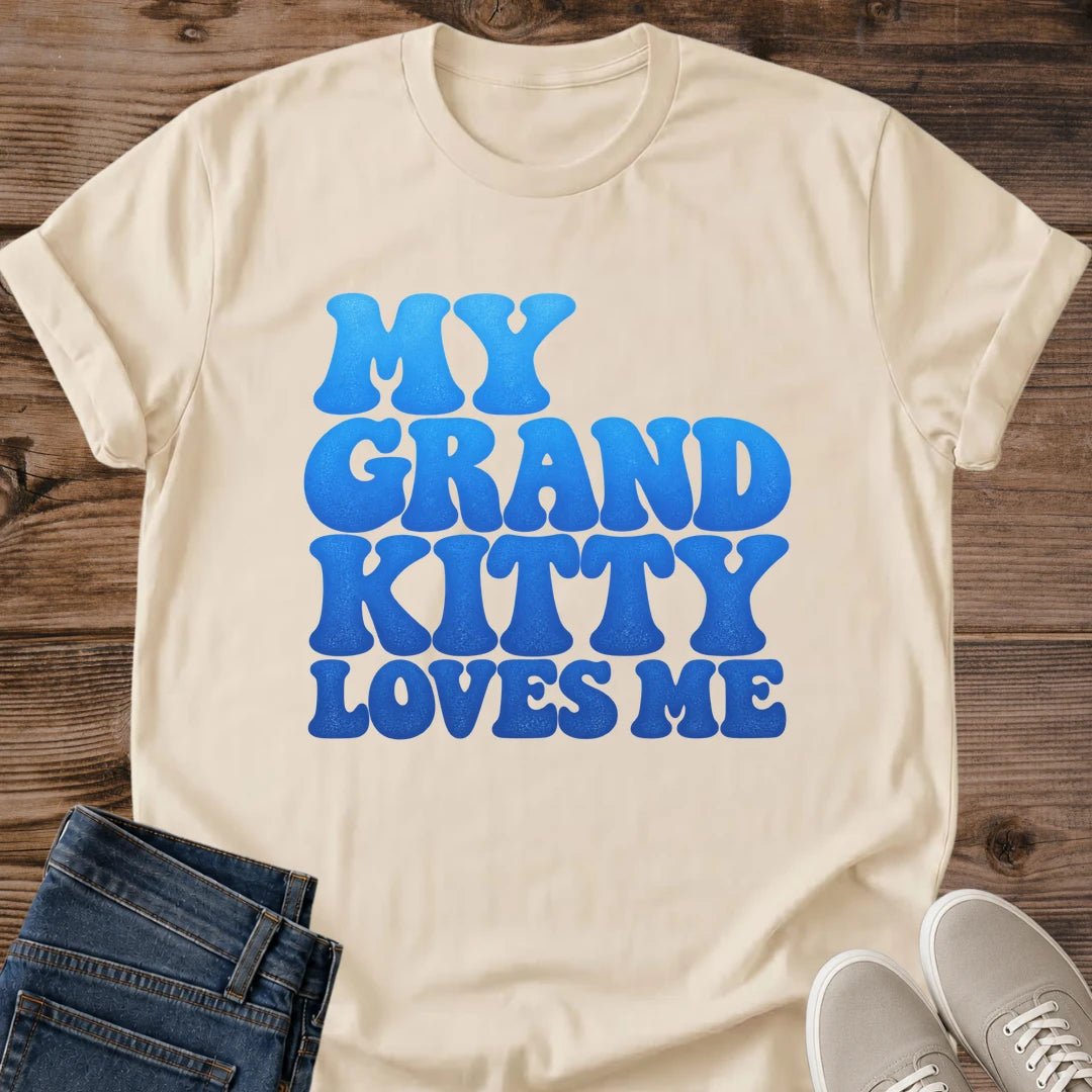 Cute Cat Shirt My Grand Kitty Loves Me Bold Graphic Tee Grandkitty Gift Idea Ring Spun Cotton Soft Breathable Fabric Relaxed Unisex Fit Retro Print Design Cat Person Apparel Casual Everyday Wear Statement Piece Great Gift