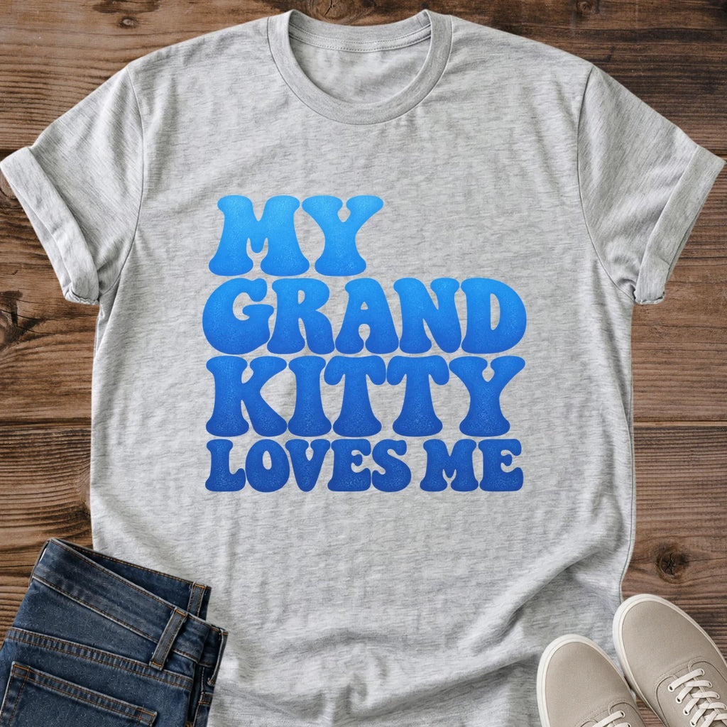 Funny Cat Graphic Tee My Grand Kitty Loves Me Bubble Text Print Retro Aesthetic Cat Owner Shirt Gift For Cat Lovers Softstyle Cotton Comfortable Relaxed Fit Statement Piece Everyday Casual Wear Apparel Gift Idea