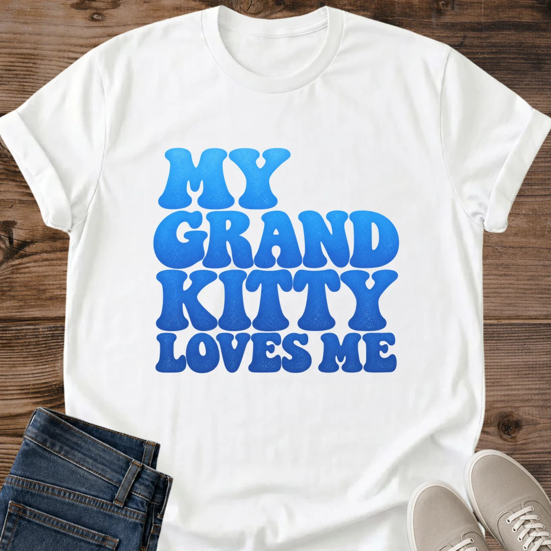 Grandkitty Cat Tee My Grand Kitty Loves Me Bubble Text Design Cat Lover Gift For Her Softstyle Cotton Comfortable Relaxed Fit Casual Weekend Wear Retro Print Cat Grandma Statement Apparel Everyday Layering Piece