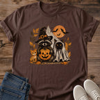 Soft Halloween Shirt Cute Raccoon Witch Design Cozy Autumn Tee Ghost Pumpkin Illustration Comfortable Women Halloween Outfit Lightweight Natural Fabric Whimsical Fall Fashion Gentle Seasonal Wear Muted Palette Design Casual Everyday Shirt