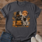 Cute Halloween Shirt Raccoon Witch Hat Design Cozy Autumn Tee Soft Lightweight Fabric Ghost Pumpkin Illustration Comfortable Seasonal Wear Women Halloween Outfit Whimsical Fall Fashion Natural Color Tee Playful Halloween Design Casual
