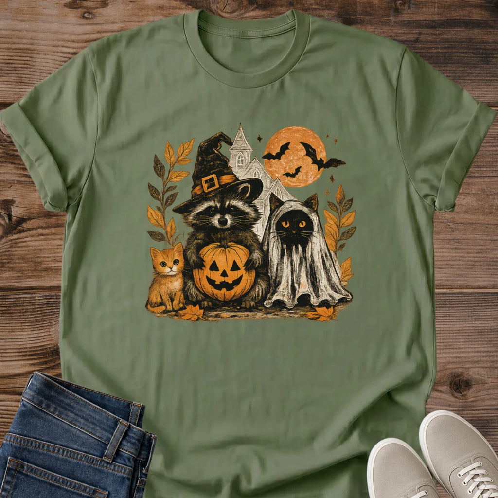 Autumn Halloween Tee Cute Raccoon Design Cozy Seasonal Shirt Soft Comfortable Fabric Ghost Witch Hat Illustration Women Halloween Outfit Lightweight Natural Color Whimsical Fall Fashion Gentle Halloween Theme Pumpkin Design Details Casual