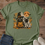 Autumn Halloween Tee Cute Raccoon Design Cozy Seasonal Shirt Soft Comfortable Fabric Ghost Witch Hat Illustration Women Halloween Outfit Lightweight Natural Color Whimsical Fall Fashion Gentle Halloween Theme Pumpkin Design Details Casual