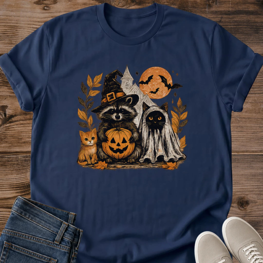 Cozy Autumn Halloween Tee Soft Raccoon Design Ghost Pumpkin Illustration Cute Halloween Shirt Women Comfortable Seasonal Wear Lightweight Fabric Natural Color Witch Hat Details Whimsical Fall Fashion Gentle Halloween Theme Perfect Autumn