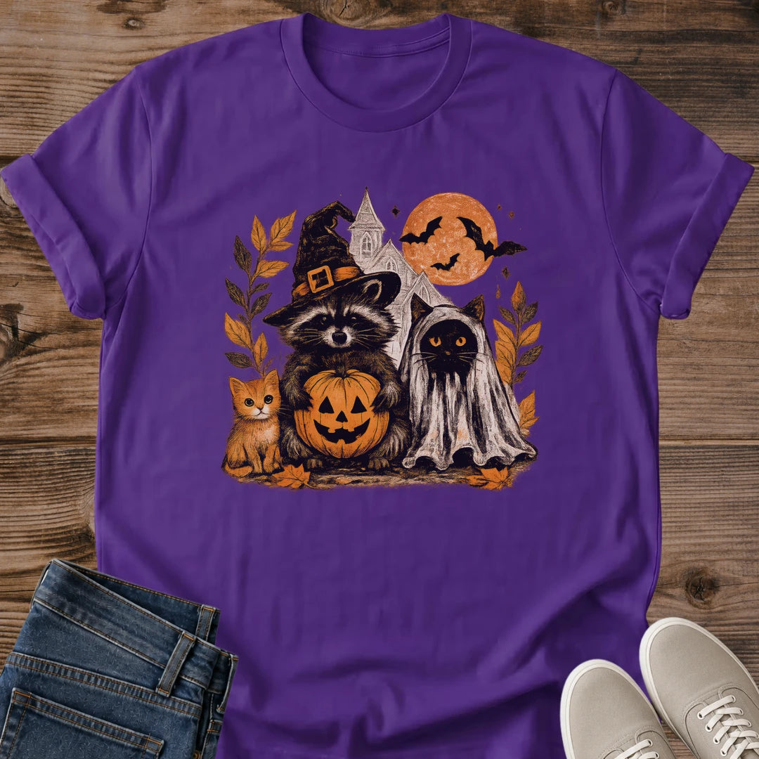Halloween Raccoon Shirt Cozy Autumn Design Cute Witch Hat Tee Soft Comfortable Fabric Ghost Pumpkin Illustration Women Halloween Outfit Lightweight Seasonal Wear Natural Color Design Whimsical Fall Fashion Gentle Halloween Theme Casual