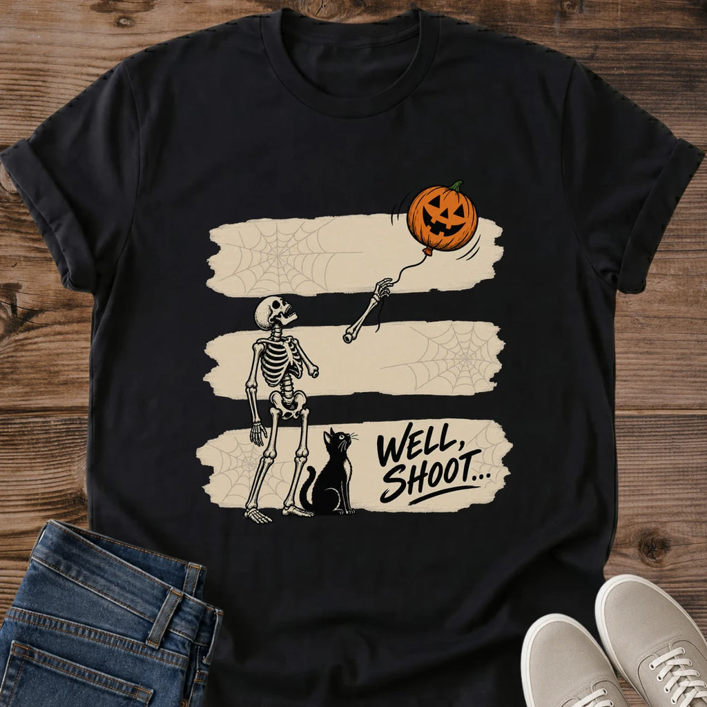 Skeleton Cat Tee Well Shoot Halloween Graphic Shirt Deadpan Skeleton Releasing Pumpkin Balloon Black Cat Watching Faded Wood Panel Design Cat Owner Gift Comfortable Softstyle Cotton Casual Autumn Wear Fall Cat Shirt