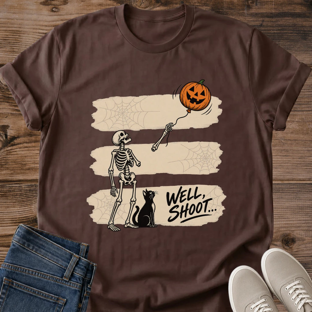 Fall Cat Tee Well Shoot Halloween Skeleton Graphic Shirt Pumpkin Balloon Slipping Away Black Cat Companion Faded Vintage Print Cat Mom Gift Comfortable Softstyle Cotton Everyday Casual Wear Halloween Cat Shirt