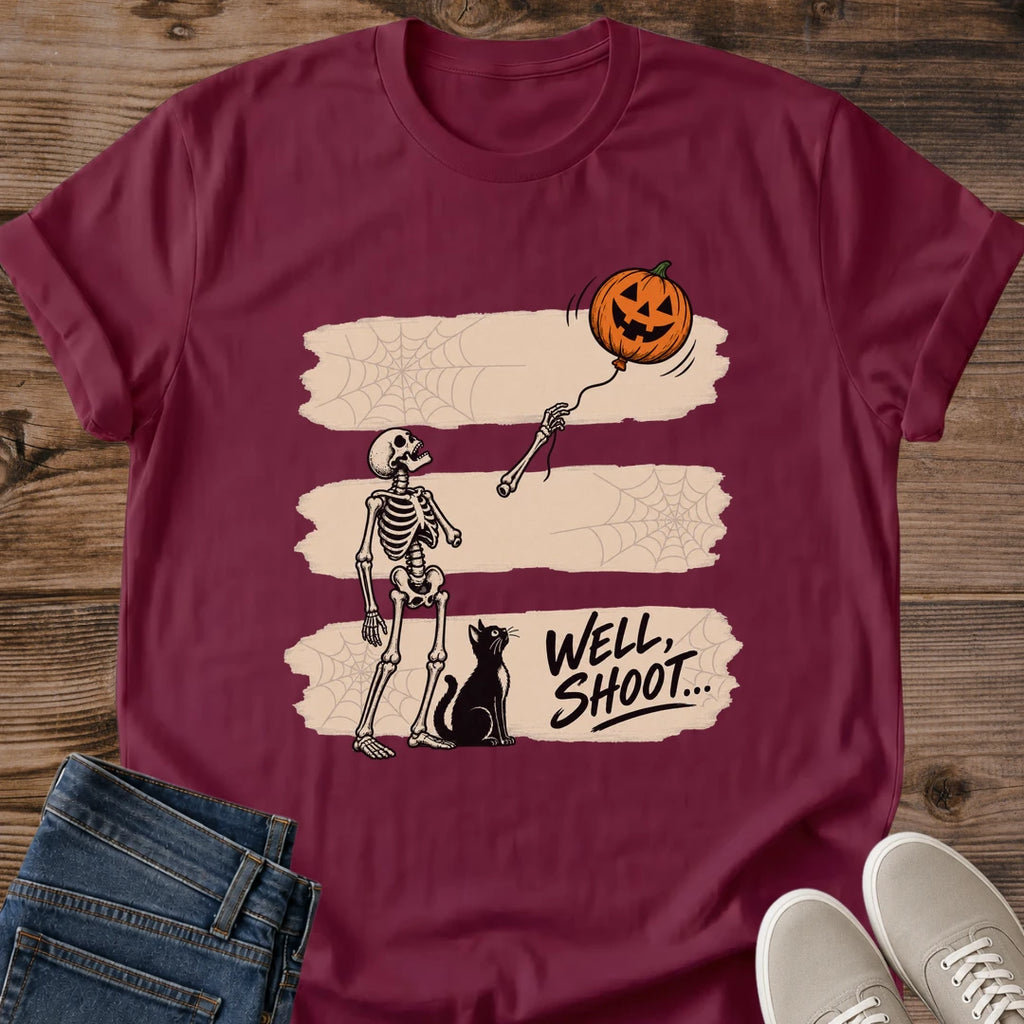 Halloween Cat Owner Shirt Well Shoot Skeleton Graphic Tee Pumpkin Balloon Black Cat Vintage Wood Signpost Design Cat Lover Gift Softstyle Ring Spun Cotton Relaxed Fit Casual Fall Wear Skeleton Cat Graphic Tee