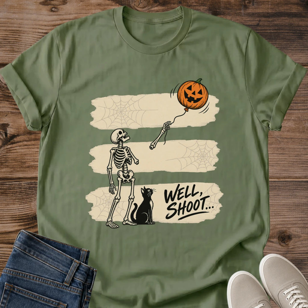 Cat Lover Halloween Shirt Well Shoot Skeleton Pumpkin Graphic Tee Black Cat On Weathered Signpost Vintage Autumn Design Softstyle Ring Spun Cotton Relaxed Fit Casual Seasonal Wear Spooky Cat Lover Tee