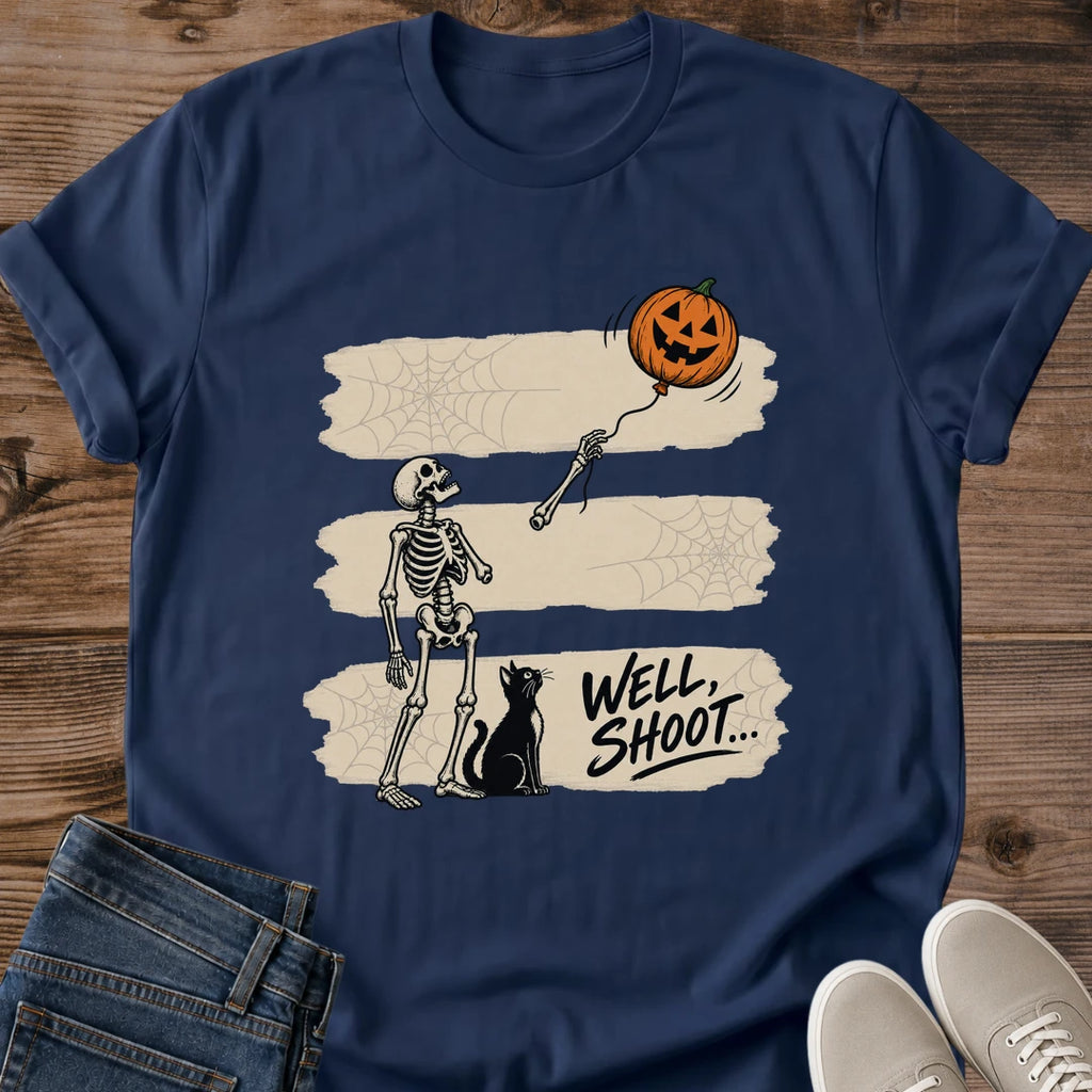 Spooky Cat Shirt Well Shoot Skeleton Pumpkin Graphic Tee Black Cat Sitting By Vintage Signpost Halloween Design Cat Lover Gift Softstyle Ring Spun Cotton Relaxed Unisex Fit Casual Fall Wear Cute Halloween Cat Tee