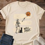 Autumn Cat Shirt Well Shoot Skeleton Pumpkin Graphic Tee Black Cat Beside Vintage Wooden Signpost Halloween Design Cat Lover Gift Softstyle Ring Spun Cotton Relaxed Fit Casual Fall Wear Halloween Cat Owner Tee
