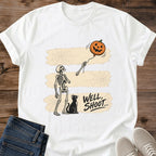 Cute Halloween Cat Tee Well Shoot Skeleton Pumpkin Balloon Graphic Shirt Black Cat Watching Faded Signpost Print Cat Owner Gift Comfortable Softstyle Cotton Casual Everyday Fall Wear Spooky Cat Graphic Shirt