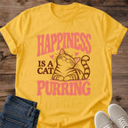 Cute Cat Shirt Happiness Is A Cat Purring Retro Graphic Tee Sweet Gift Idea Ring Spun Cotton Soft Breathable Fabric Relaxed Unisex Fit Vintage Print Design Cat Person Apparel Casual Everyday Wear Statement Piece Great Gift
