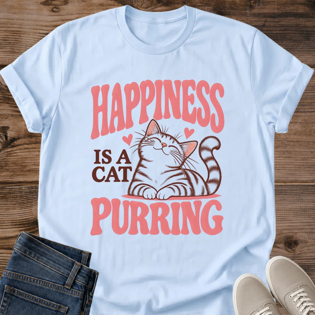Vintage Cat Lover Tee Happiness Is A Cat Purring Retro Design Cotton Cat Mom Gift Shirt Cute Aesthetic Softstyle Ring Spun Fabric Relaxed Retail Fit Casual Weekend Layering Statement Piece Everyday Wear For Home And Away