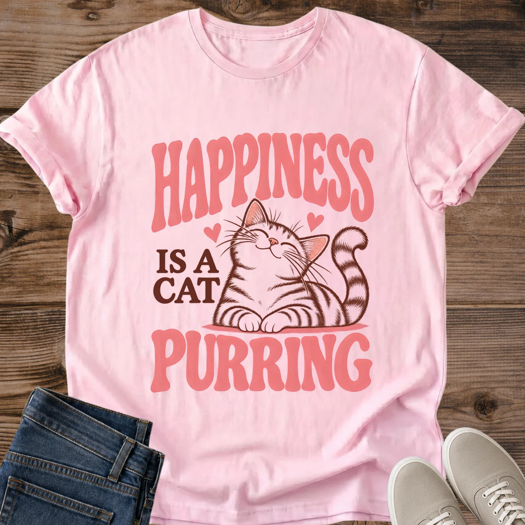 Happiness Is A Cat Purring Shirt Cute Retro Cat Tee Pink Cat Lover Gift Idea Softstyle Ring Spun Cotton Relaxed Fit Everyday Casual Wear Vintage Print Cat Owner Apparel Statement Piece Lightweight Layering For Home