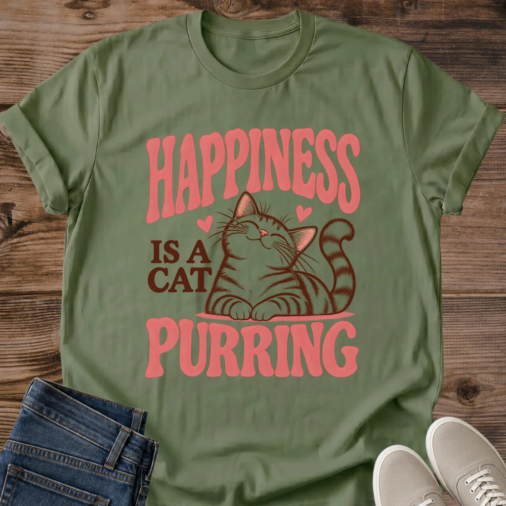 Vintage Cat Lover Tee Happiness Is A Cat Purring Retro Design Cotton Cat Mom Gift Shirt Cute Aesthetic Softstyle Ring Spun Fabric Relaxed Retail Fit Casual Weekend Layering Statement Piece Everyday Wear For Home And Away