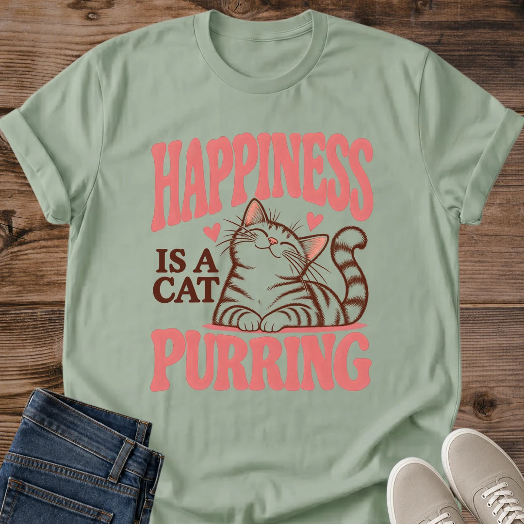 Cute Cat Shirt Happiness Is A Cat Purring Retro Graphic Tee Sweet Gift Idea Ring Spun Cotton Soft Breathable Fabric Relaxed Unisex Fit Vintage Print Design Cat Person Apparel Casual Everyday Wear Statement Piece Great Gift