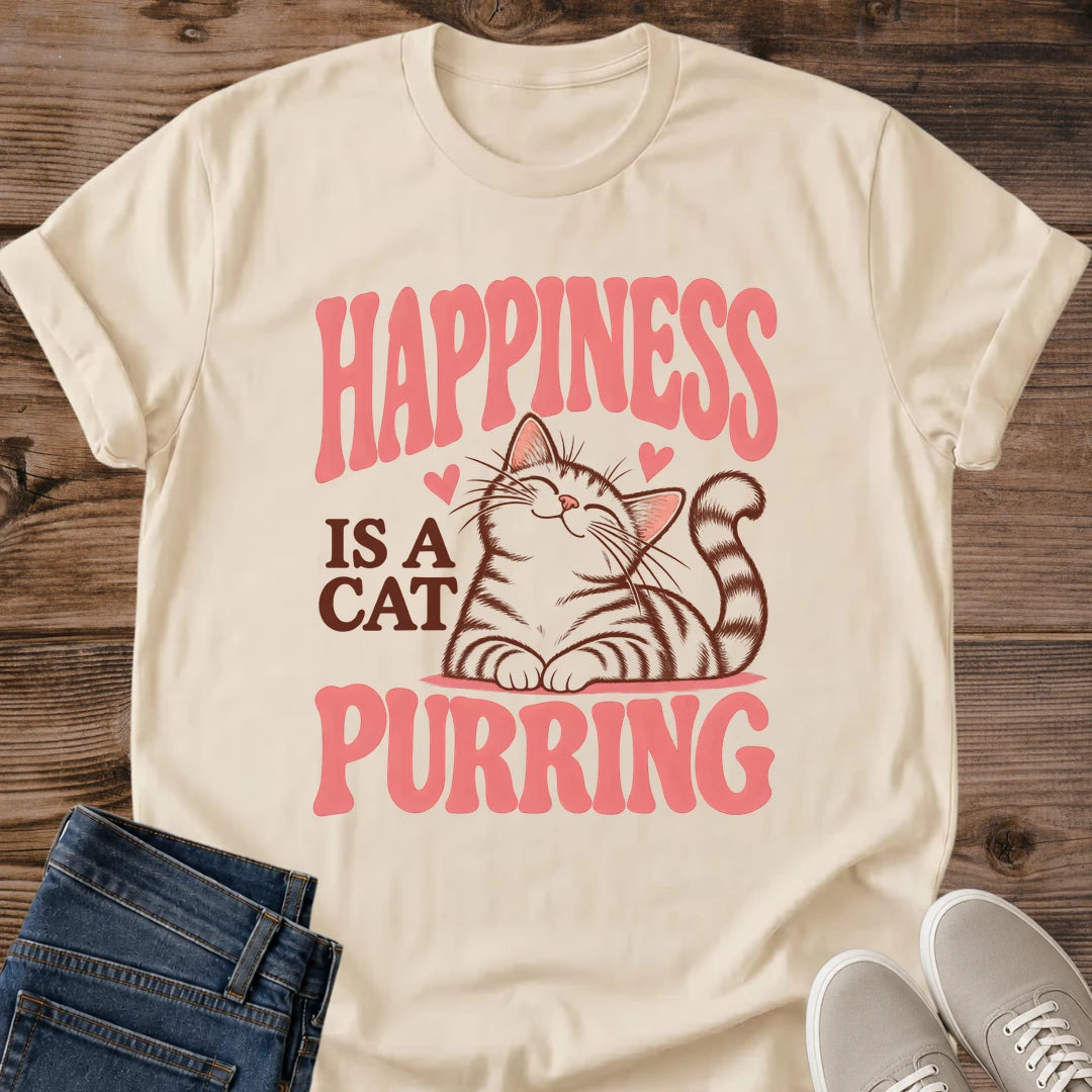 Purring Cat Tee Happiness Is A Cat Purring Retro Design Cute Cat Lover Gift For Her Softstyle Cotton Comfortable Relaxed Fit Casual Weekend Wear Vintage Print Cat Mom Statement Apparel Everyday Layering Piece For Fun