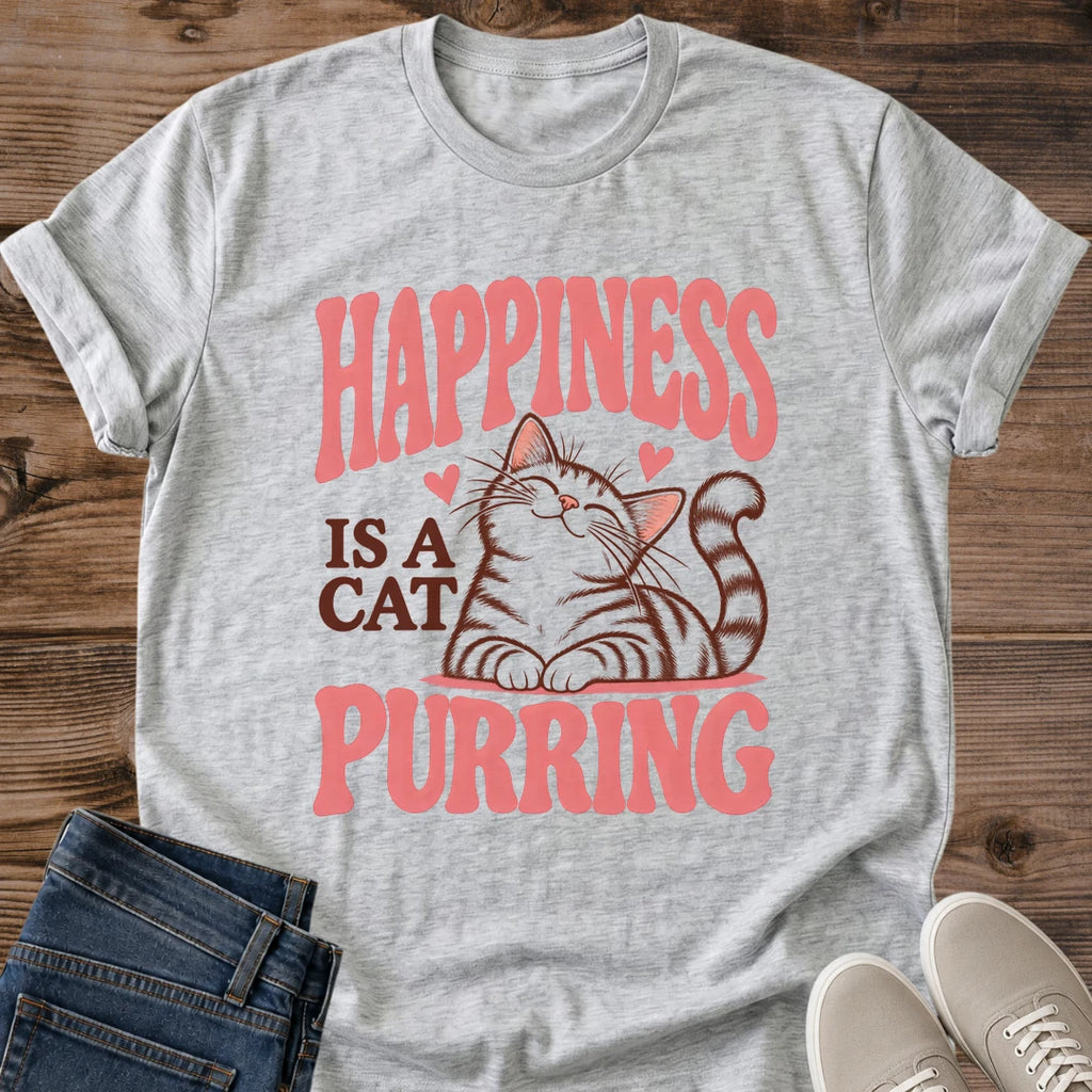 Happiness Is A Cat Purring Shirt Cute Retro Cat Tee Pink Cat Lover Gift Idea Softstyle Ring Spun Cotton Relaxed Fit Everyday Casual Wear Vintage Print Cat Owner Apparel Statement Piece Lightweight Layering For Home